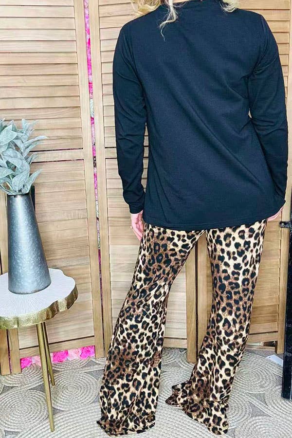 Black  top loepard bell bottom pant women sets BQ15729