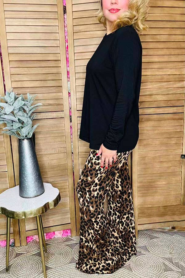 Black  top loepard bell bottom pant women sets BQ15729