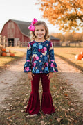 Floral top burgundy bell bottom girls set XCH0013-14H