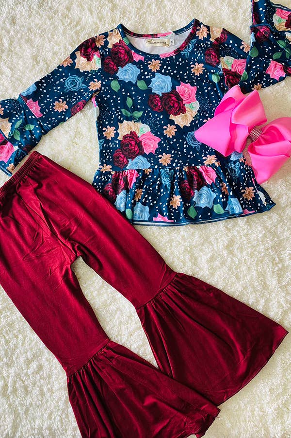 Floral top burgundy bell bottom girls set XCH0013-14H