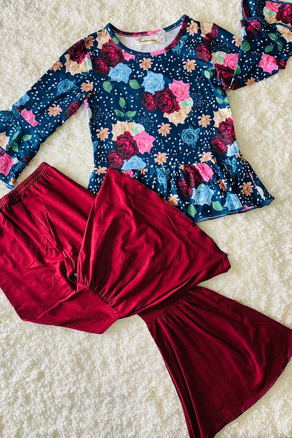 Floral top burgundy bell bottom girls set XCH0013-14H
