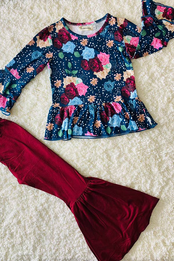 Floral top burgundy bell bottom girls set XCH0013-14H